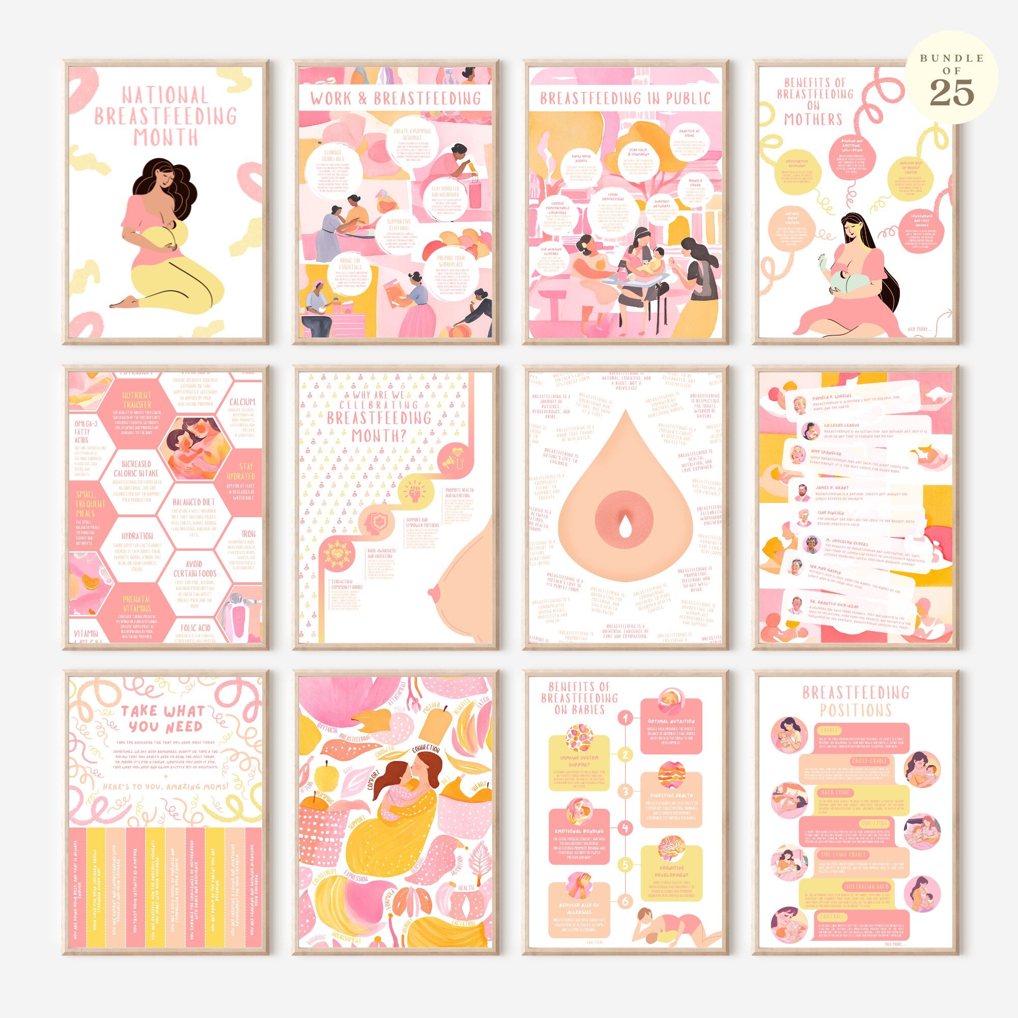 Printable breastfeeding awareness posters set of 25 for clinics, lactation consultants, National Breastfeeding Month, mom support spaces, and displays.