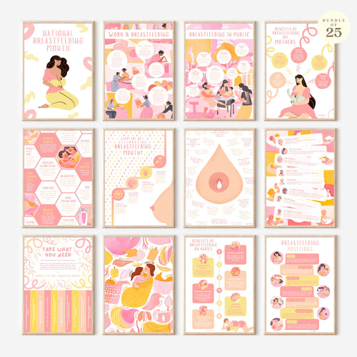 Printable breastfeeding awareness posters set of 25 for clinics, lactation consultants, National Breastfeeding Month, mom support spaces, and displays.