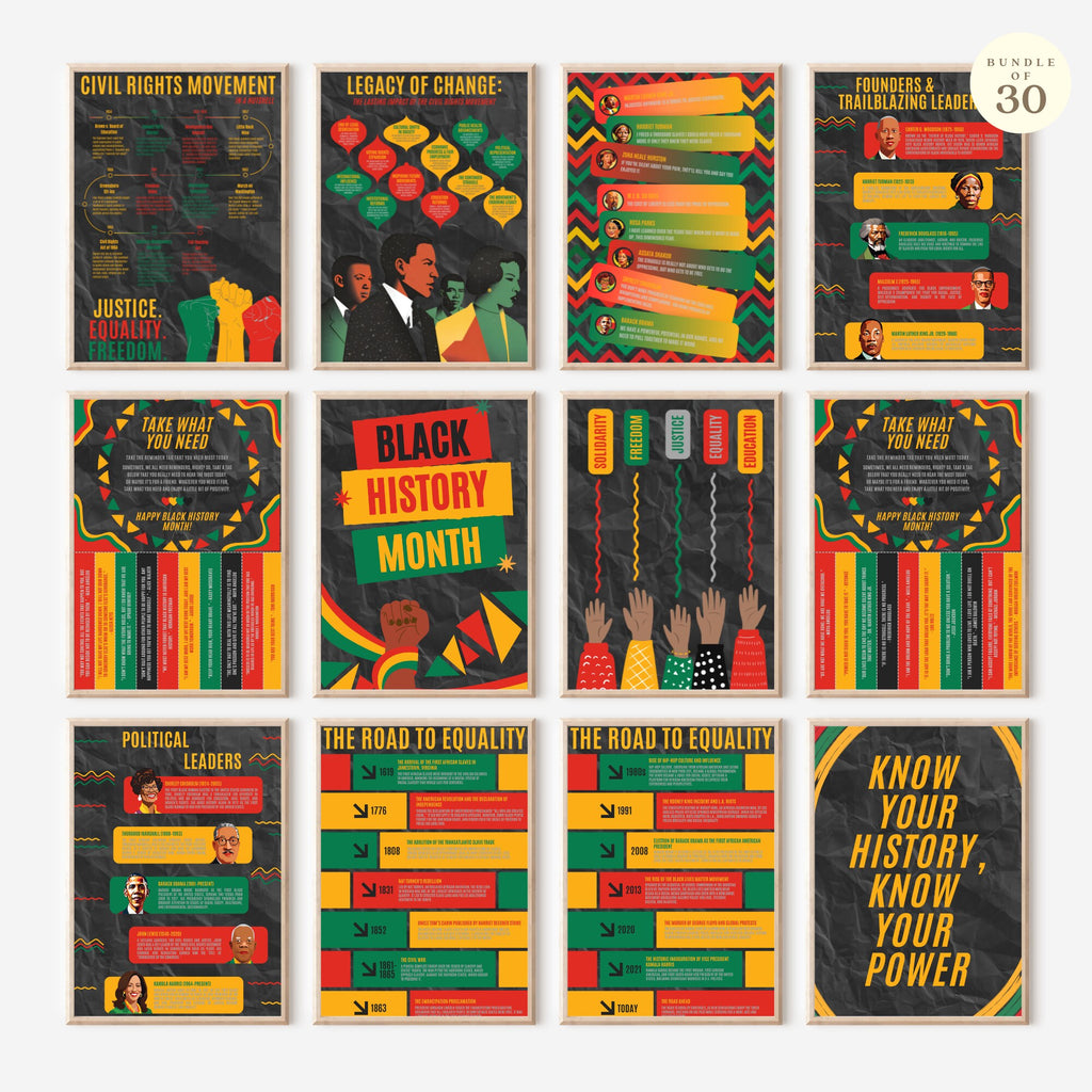 Printable Black History Month poster set of 30 featuring African American and African heritage icons for classroom decor and bulletin boards.