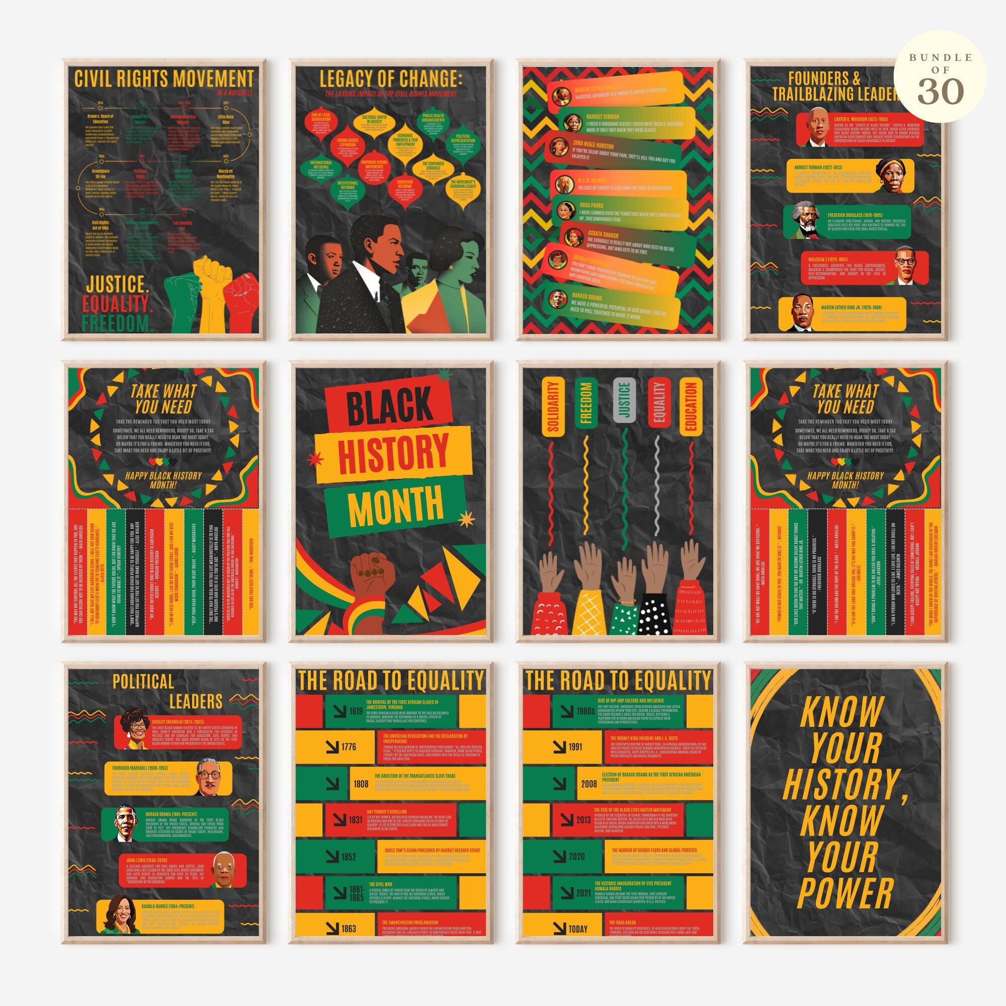 Printable Black History Month poster set of 30 featuring African American and African heritage icons for classroom decor and bulletin boards.