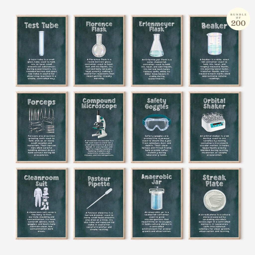 Printable science laboratory tools poster set of 200 for STEM classroom decor, equipment study displays, bulletin boards, and homeschool science walls.
