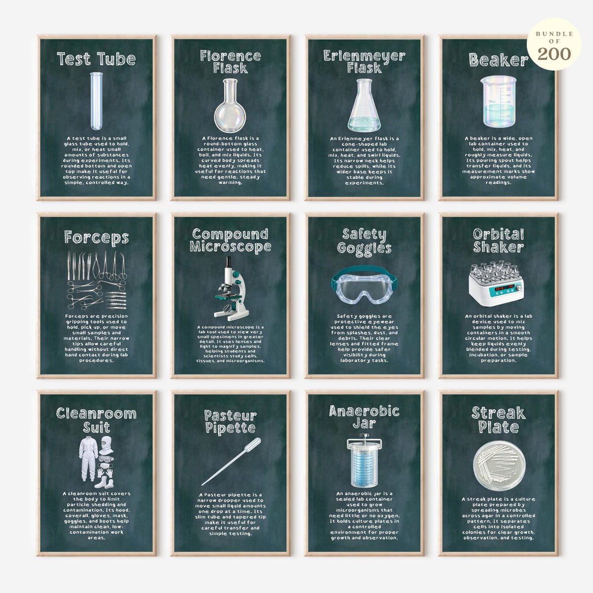 Printable science laboratory tools poster set of 200 for STEM classroom decor, equipment study displays, bulletin boards, and homeschool science walls.