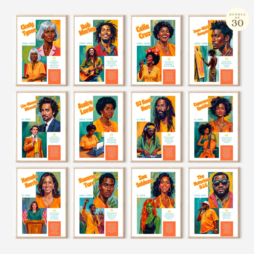 Printable Caribbean-American Heritage Month poster set of 30 featuring history icons for June bulletin boards, classroom decor, and displays.