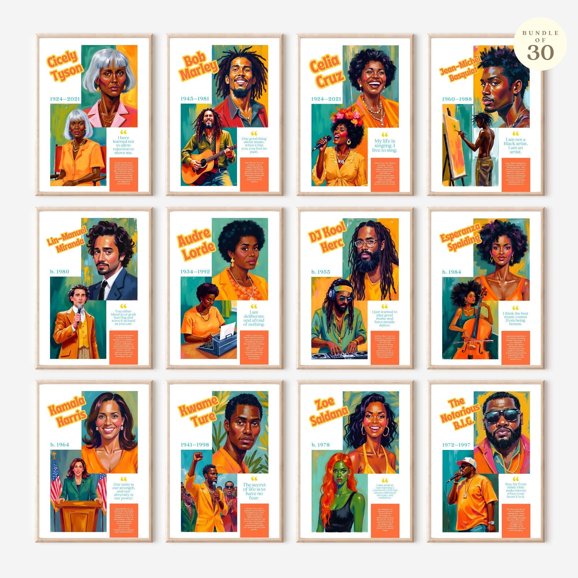 Printable Caribbean-American Heritage Month poster set of 30 featuring history icons for June bulletin boards, classroom decor, and displays.