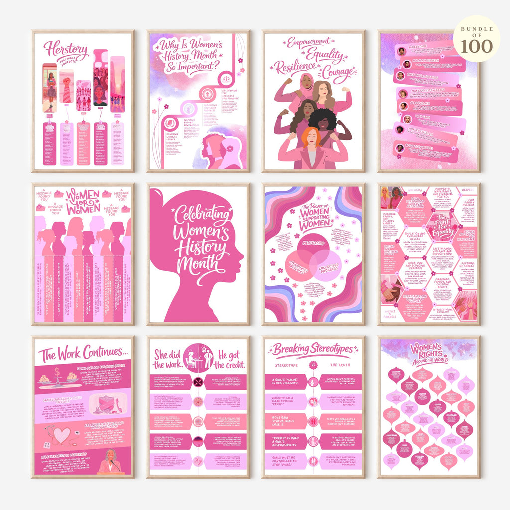 Printable Women’s History Month infographics and educational posters set of 100 for International Women’s Day, March bulletin boards, classroom decor, and displays.