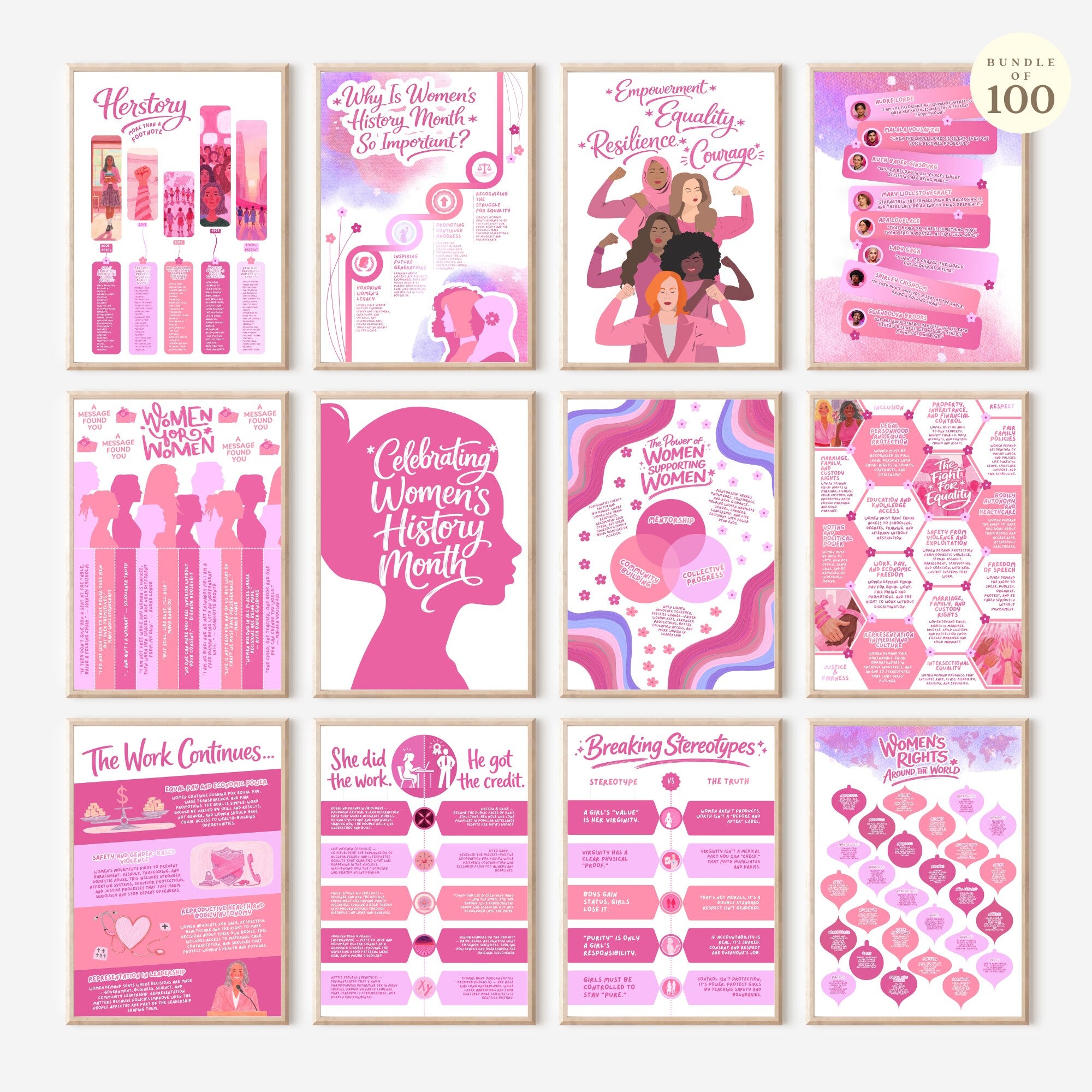 Printable Women’s History Month infographics and educational posters set of 100 for International Women’s Day, March bulletin boards, classroom decor, and displays.