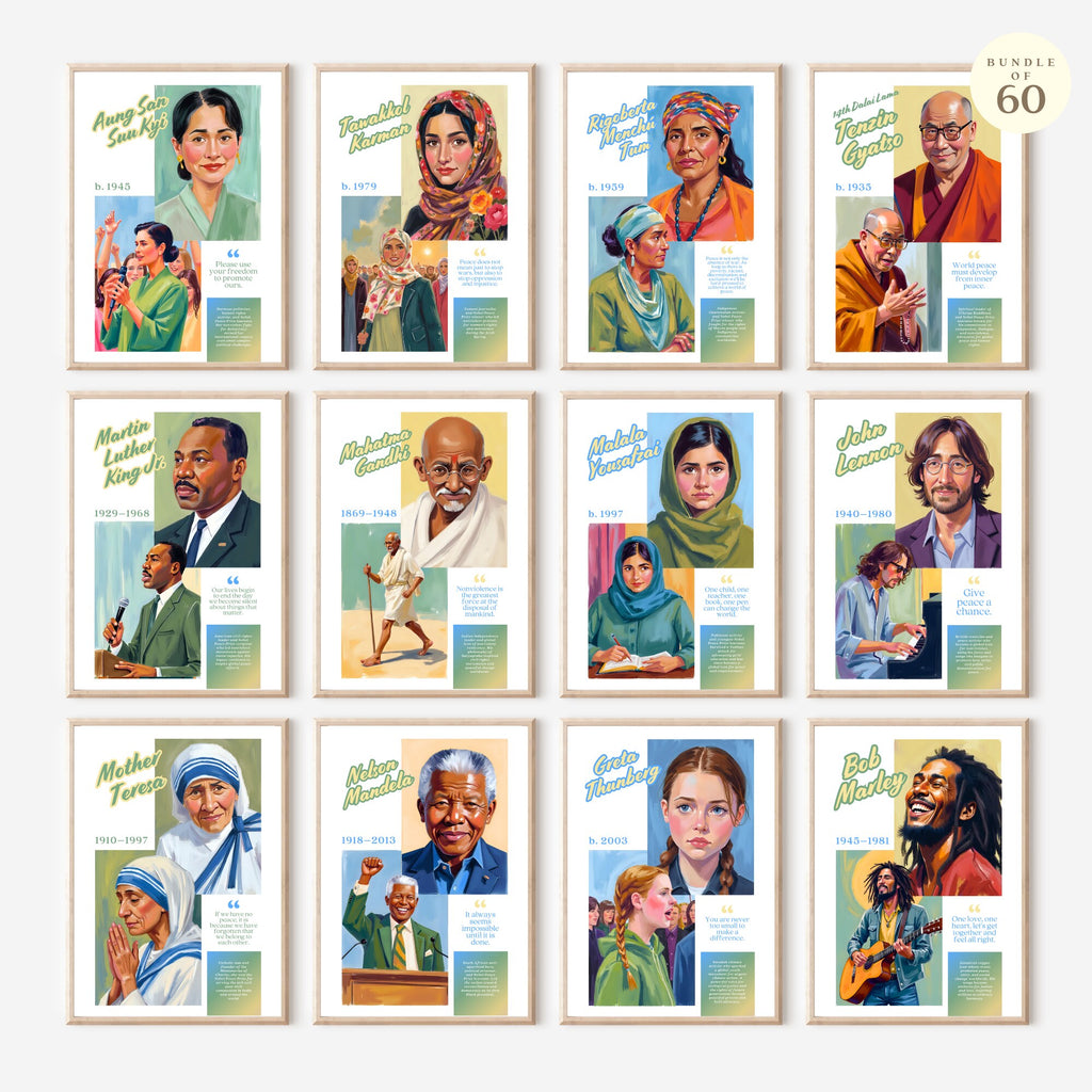 Printable peace advocates poster set of 60 featuring world leaders, famous inspirational quotes, history classroom decor, and bulletin board displays.