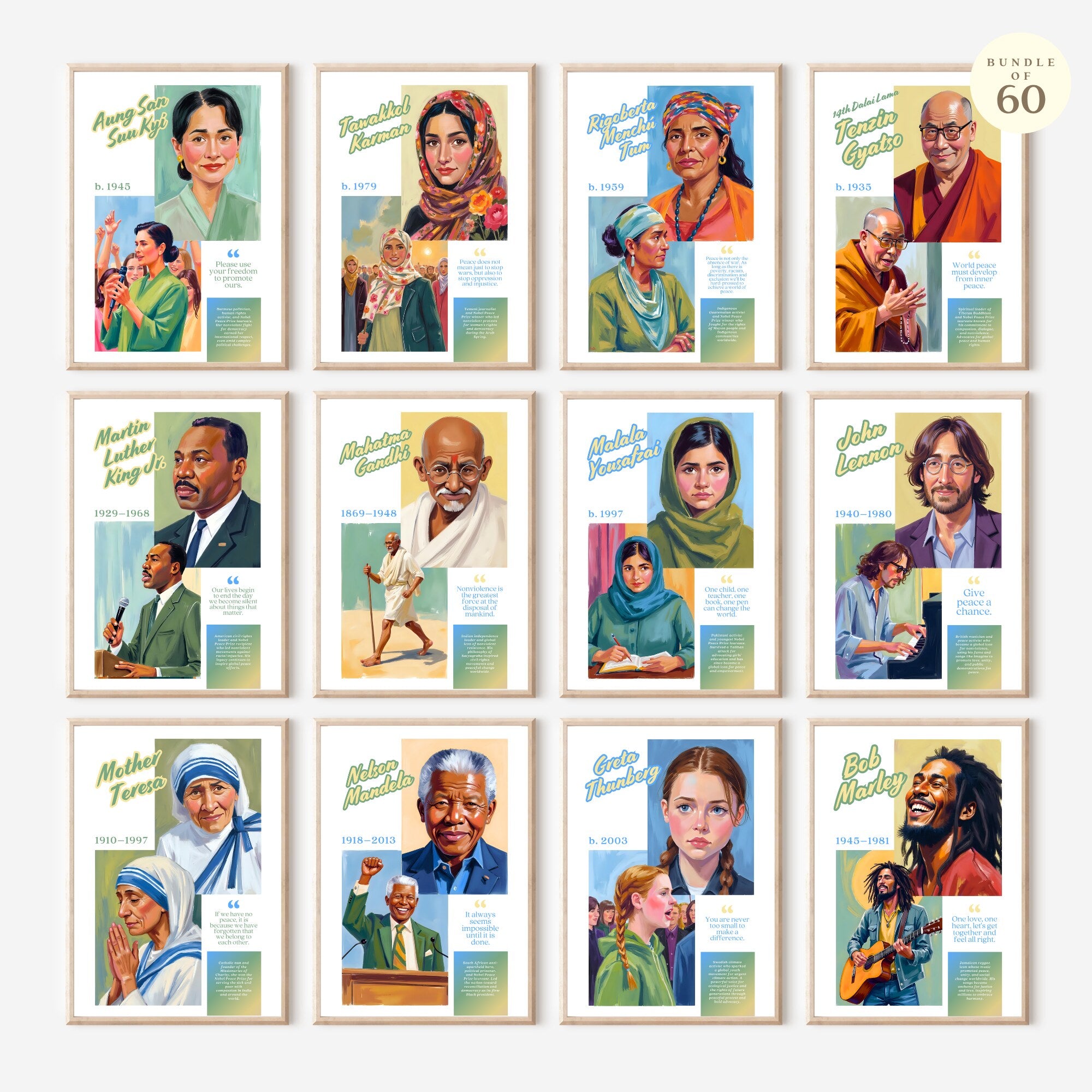 Printable peace advocates poster set of 60 featuring world leaders, famous inspirational quotes, history classroom decor, and bulletin board displays.