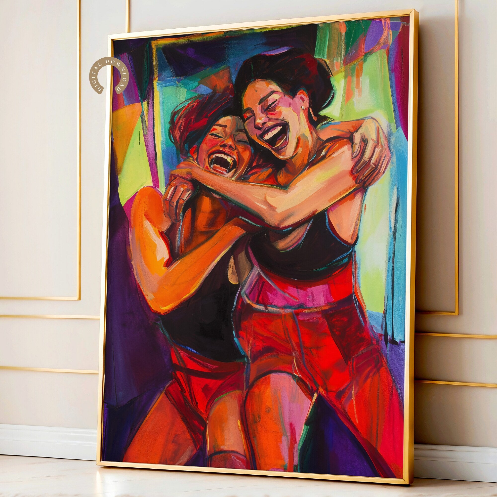 Printable sapphic wall art in a queer eclectic neon style for Pride Month decor, lesbian couple spaces, gallery walls, and inclusive home decor.