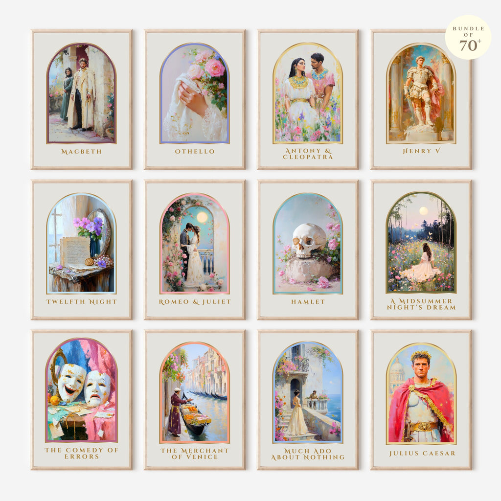 Printable Shakespeare plays poster set for English classroom decor, school libraries, literature displays, bulletin boards, and gallery walls.