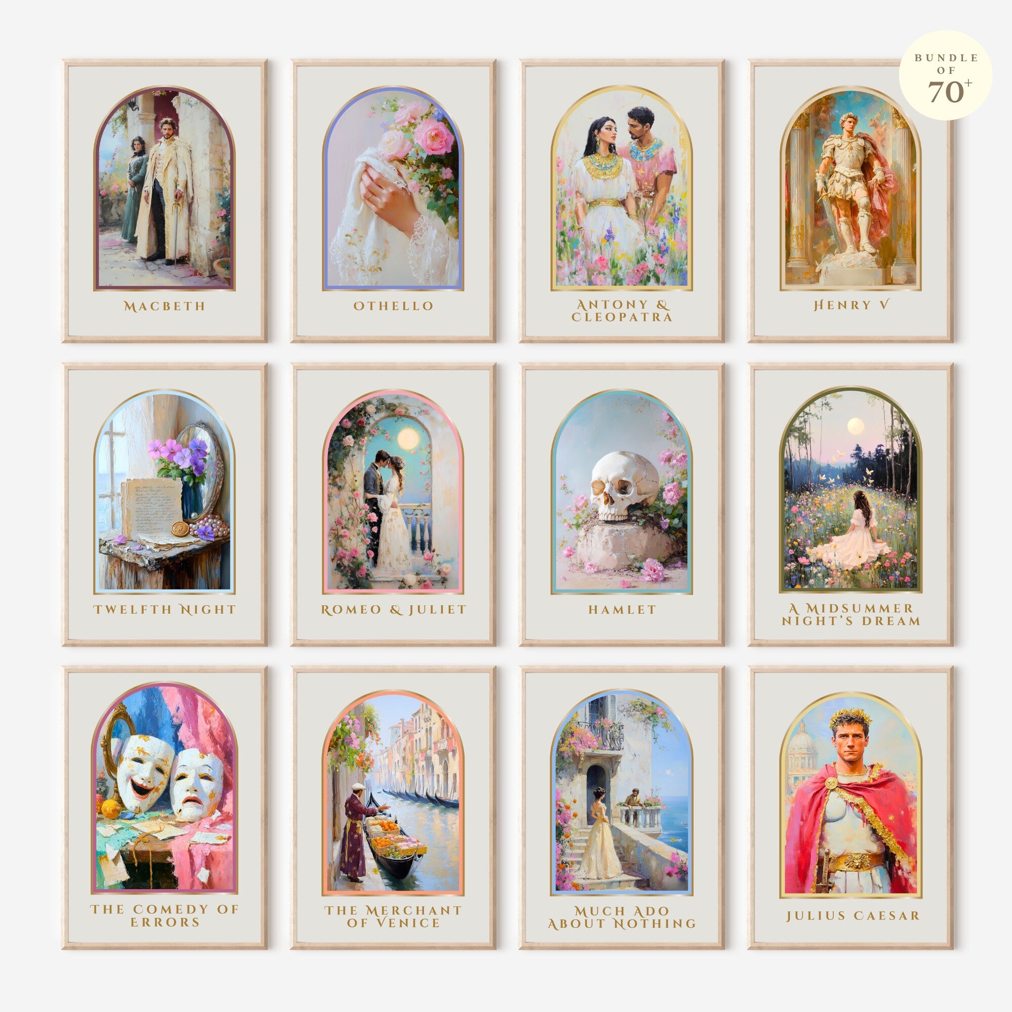 Printable Shakespeare plays poster set for English classroom decor, school libraries, literature displays, bulletin boards, and gallery walls.