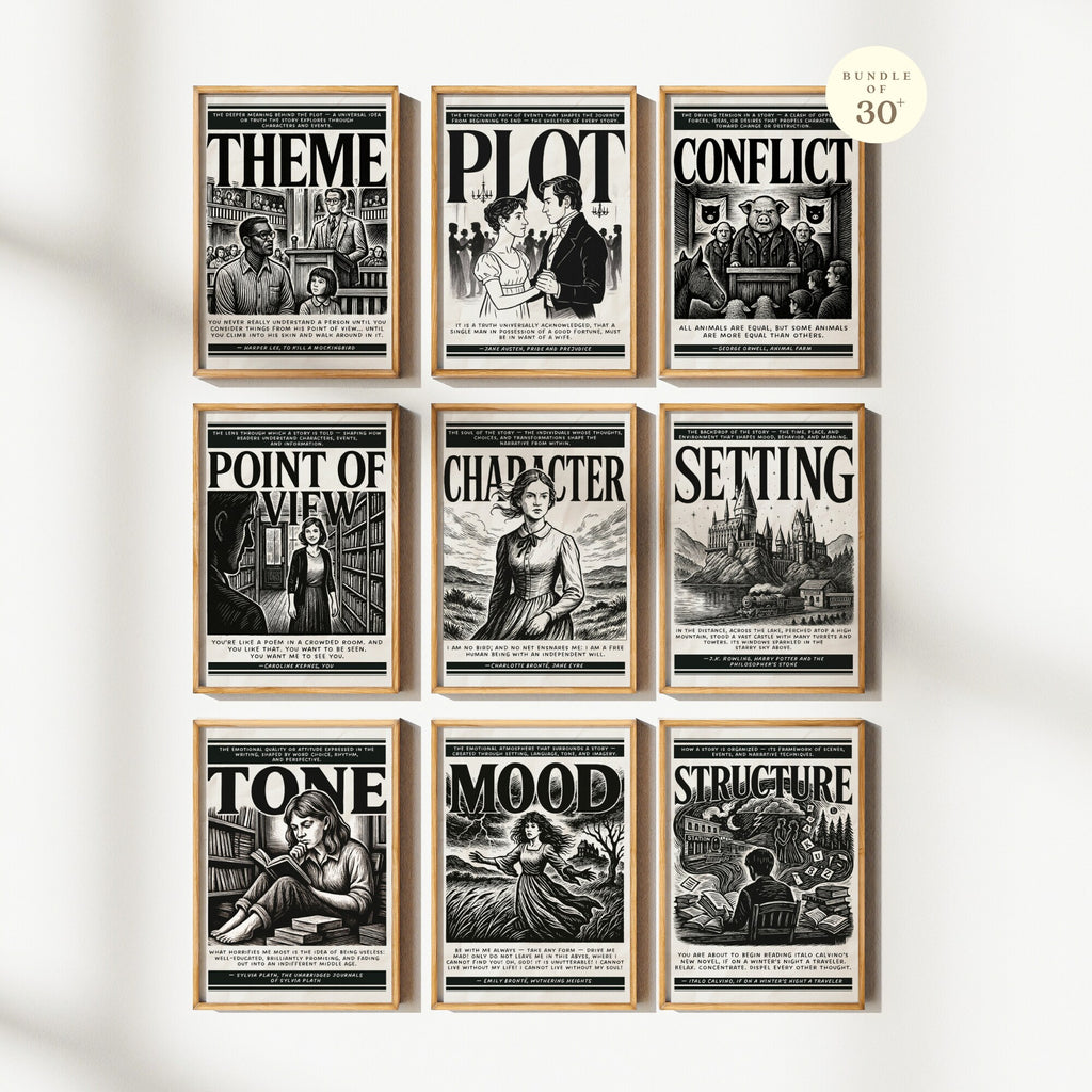Printable literary elements poster set of 30+ for English classroom decor, literature lessons, library displays, homeschool spaces, and book wall art.