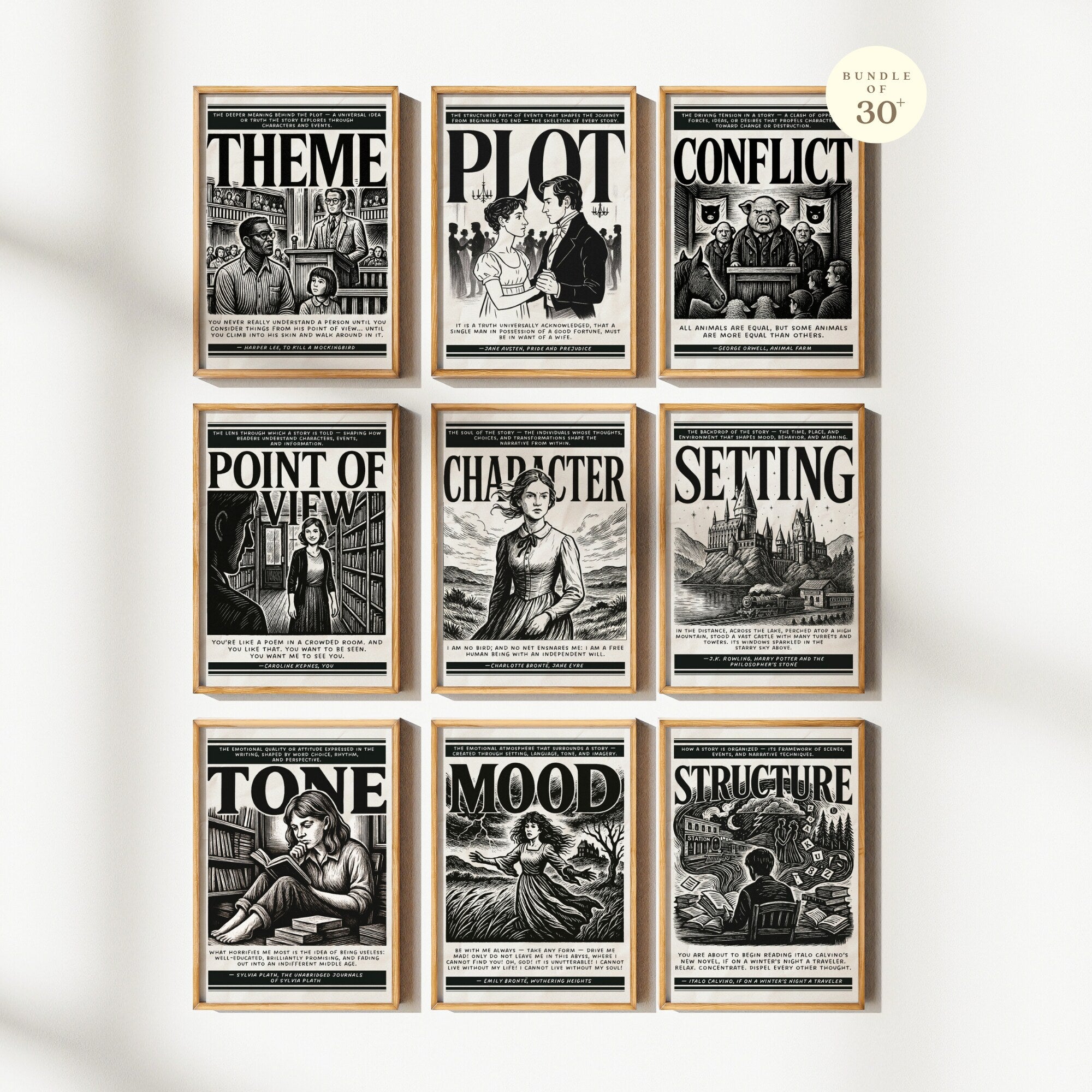 Printable literary elements poster set of 30+ for English classroom decor, literature lessons, library displays, homeschool spaces, and book wall art.