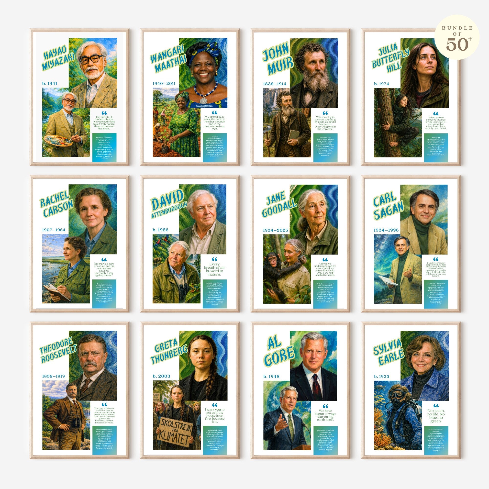 Printable environment advocates poster set of 50+ featuring awareness quotes for Earth Day, World Environment Day, classroom decor, and bulletin boards.