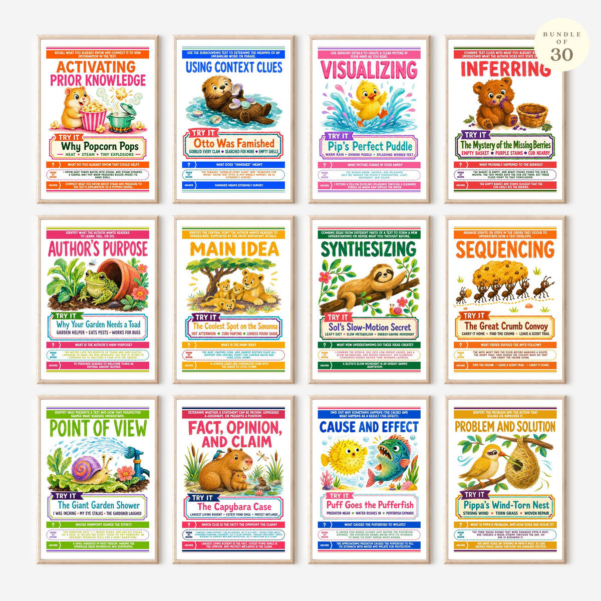 Reading Comprehension Skills Posters Set of 30, ELA Classroom | Digital Download