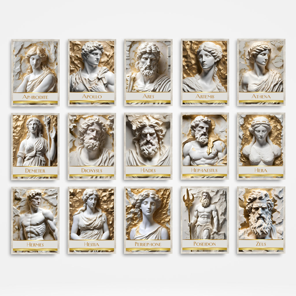 Printable Greek gods and goddesses poster set of 15 for mythology wall art, classroom decor, bulletin boards, homeschool spaces, and educational displays.