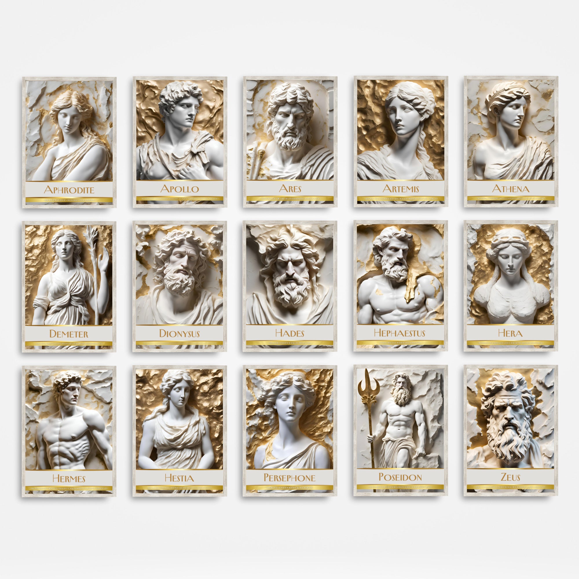 Printable Greek gods and goddesses poster set of 15 for mythology wall art, classroom decor, bulletin boards, homeschool spaces, and educational displays.