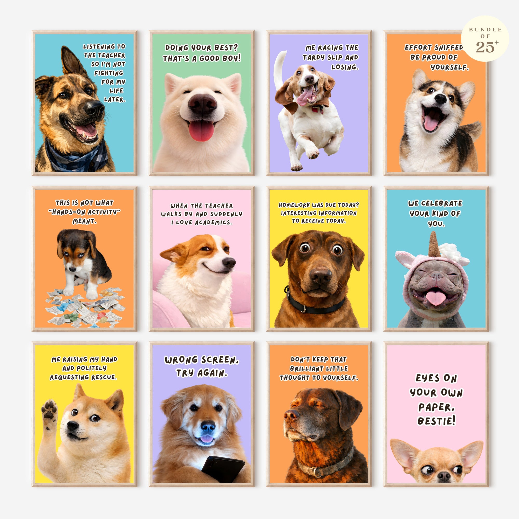 Printable funny class rules dog meme posters for middle school and high school classroom decor, teacher bulletin boards, and playful displays.