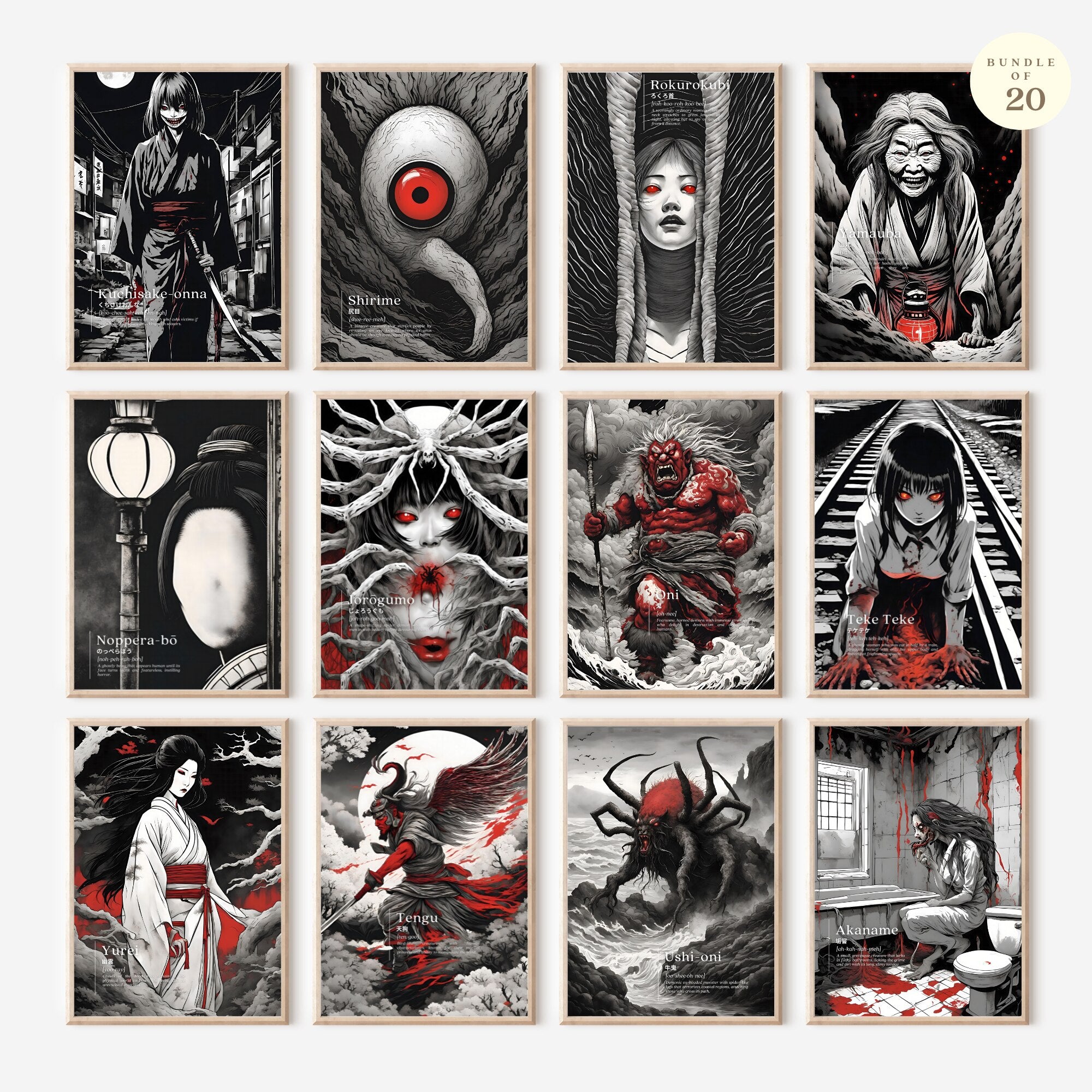 Printable Japanese mythological creatures poster set of 20 for Halloween decor, Japan horror wall art, dark fall displays, and spooky gothic gallery walls.