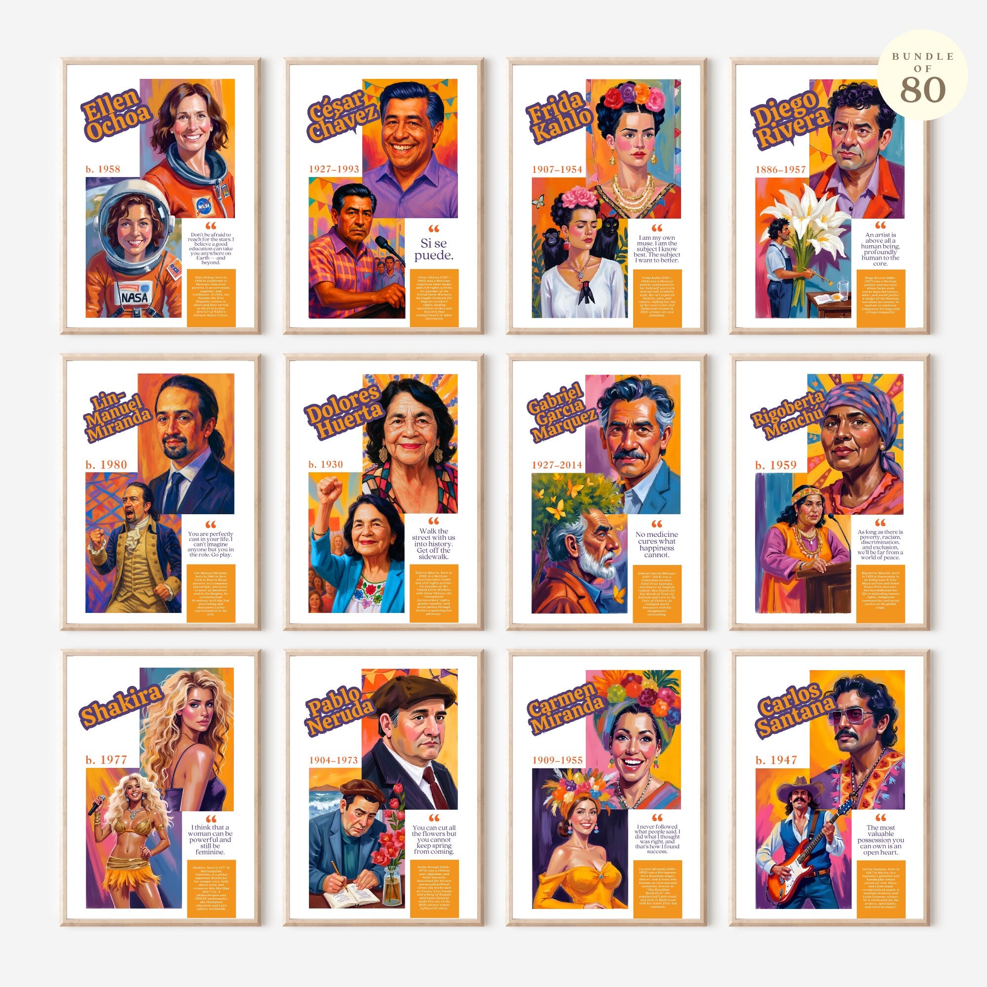 Printable Hispanic Heritage Month poster set of 80 featuring history quotes, classroom decor, bulletin board displays, and educational