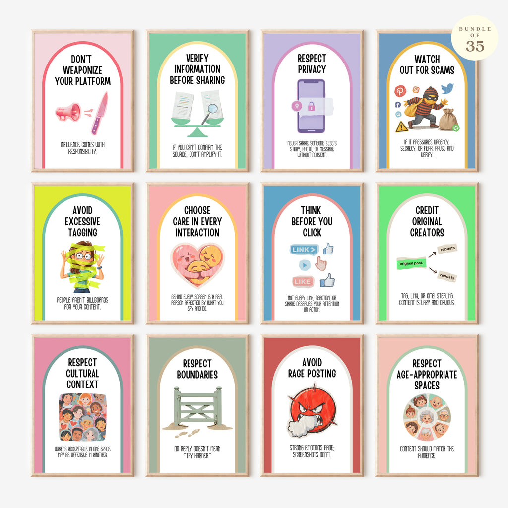 Printable social media etiquette poster set of 35 for middle school, high school, office bulletin boards, digital citizenship, and classroom decor.