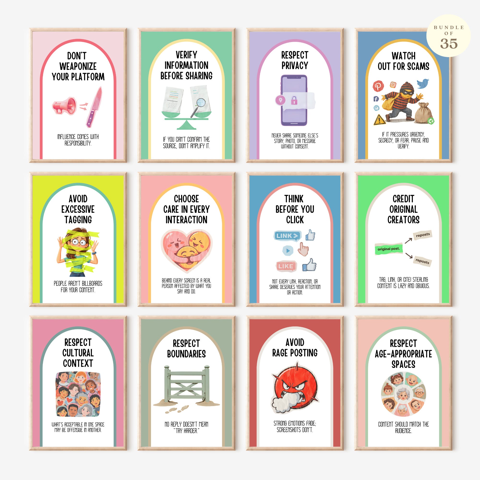 Printable social media etiquette poster set of 35 for middle school, high school, office bulletin boards, digital citizenship, and classroom decor.