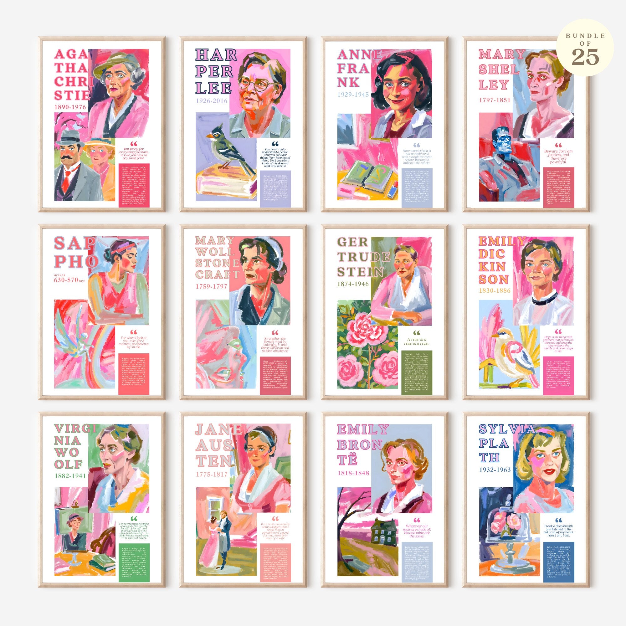 Printable Women in Literature poster set of 25 featuring inspirational quotes and achievements. Perfect for Women’s History Month classroom decor.