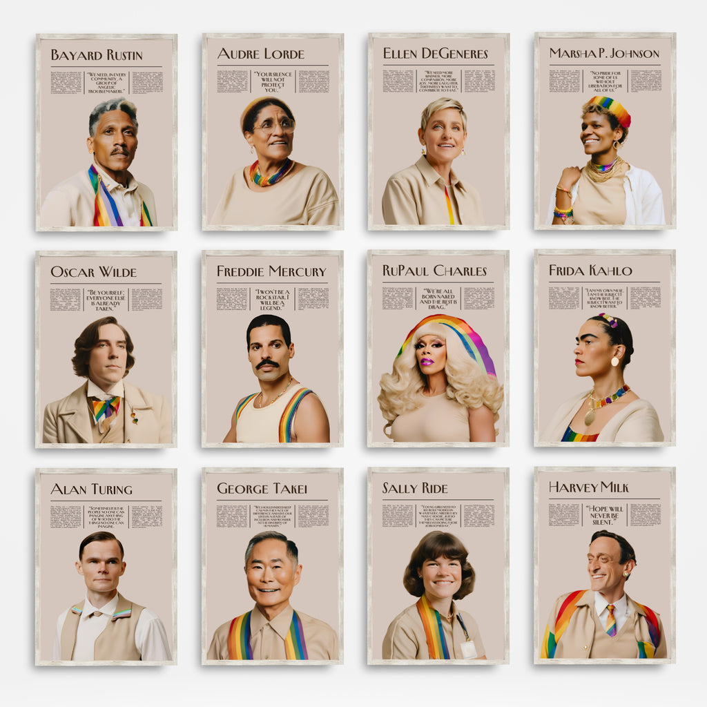Printable Pride Month poster set of 25 featuring LGBT icons, LGBTQIA+ history, queer quotes, SOGIE displays, and inclusive classroom decor.