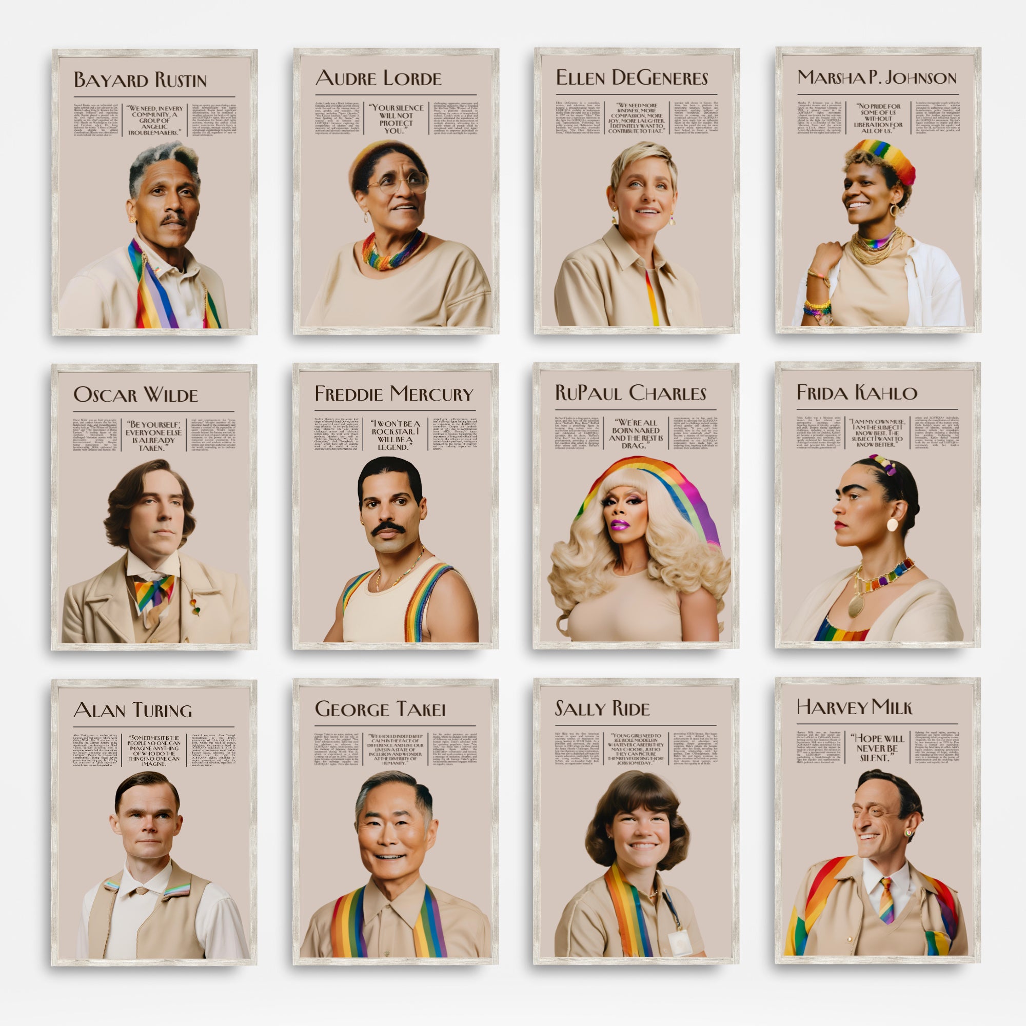 Printable Pride Month poster set of 25 featuring LGBT icons, LGBTQIA+ history, queer quotes, SOGIE displays, and inclusive classroom decor.