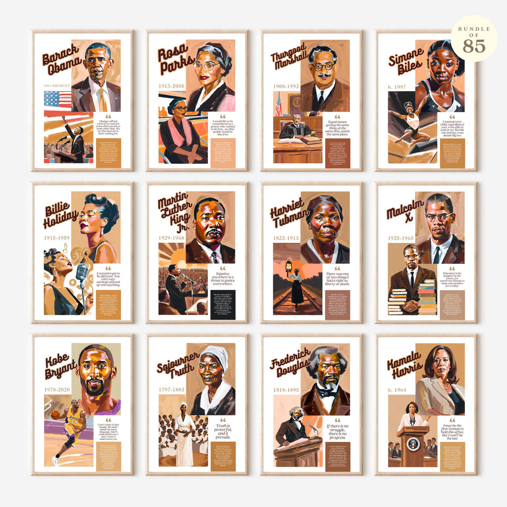 Printable Black History Month poster set of 85 featuring African American and African heritage icons, famous quotes, classroom decor, and bulletin boards.
