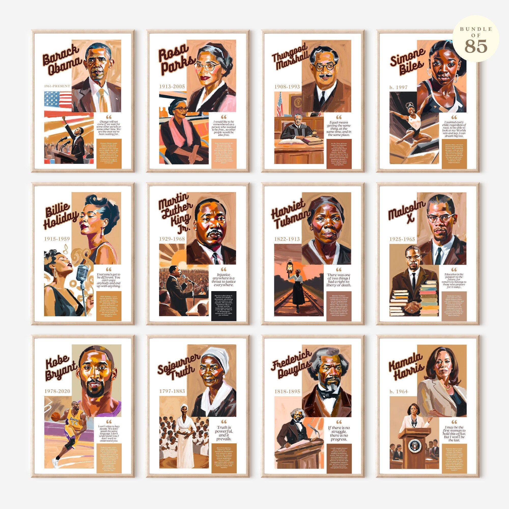 Printable Black History Month poster set of 85 featuring African American and African heritage icons, famous quotes, classroom decor, and bulletin boards.