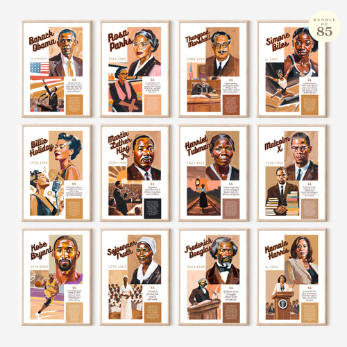 Printable Black History Month poster set of 85 featuring African American and African heritage icons, famous quotes, classroom decor, and bulletin boards.