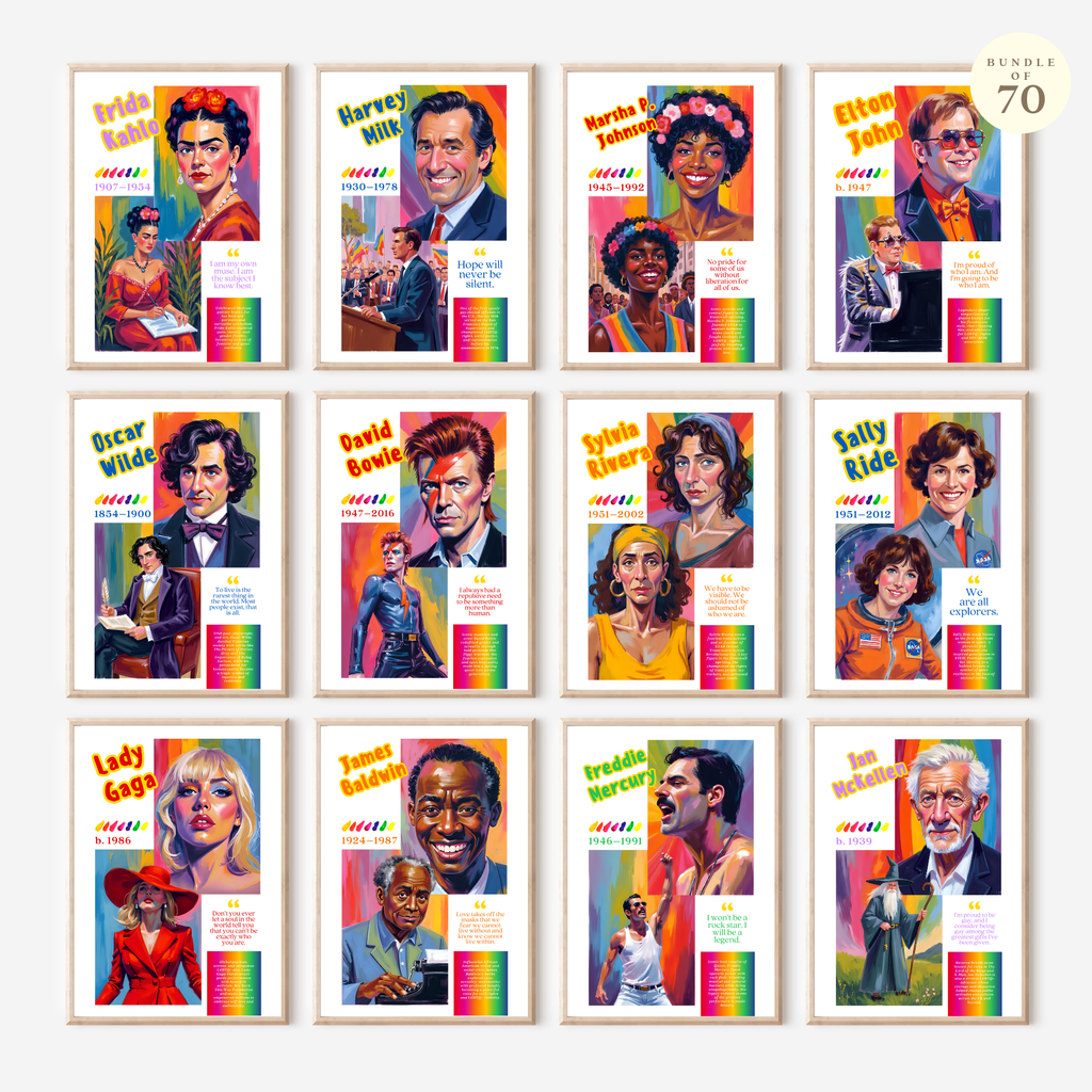 Printable Pride Month poster set of 70 featuring LGBT icons, LGBTQIA+ history, queer quotes, SOGIE displays, and inclusive classroom decor.