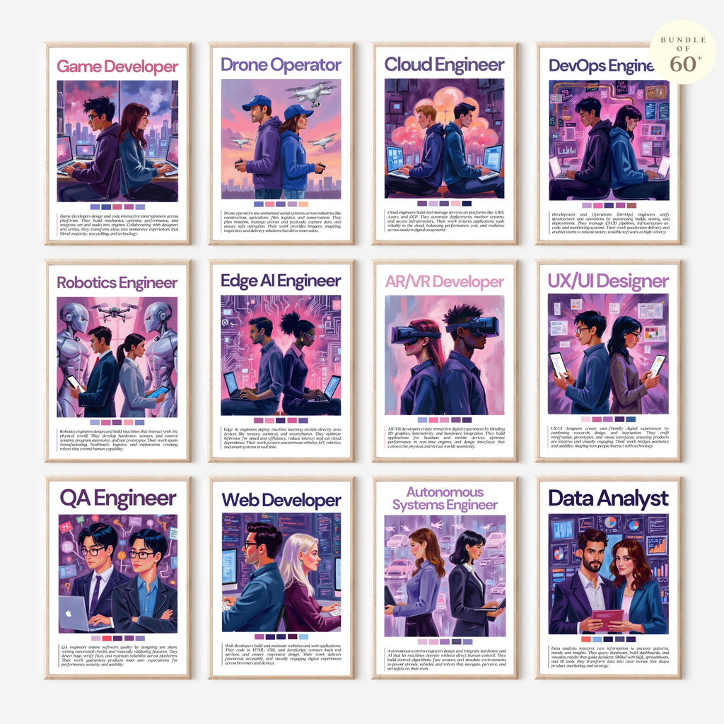 Printable tech careers poster set of 60 for computer science classroom decor, technology bulletin boards, homeschool spaces, and career displays.