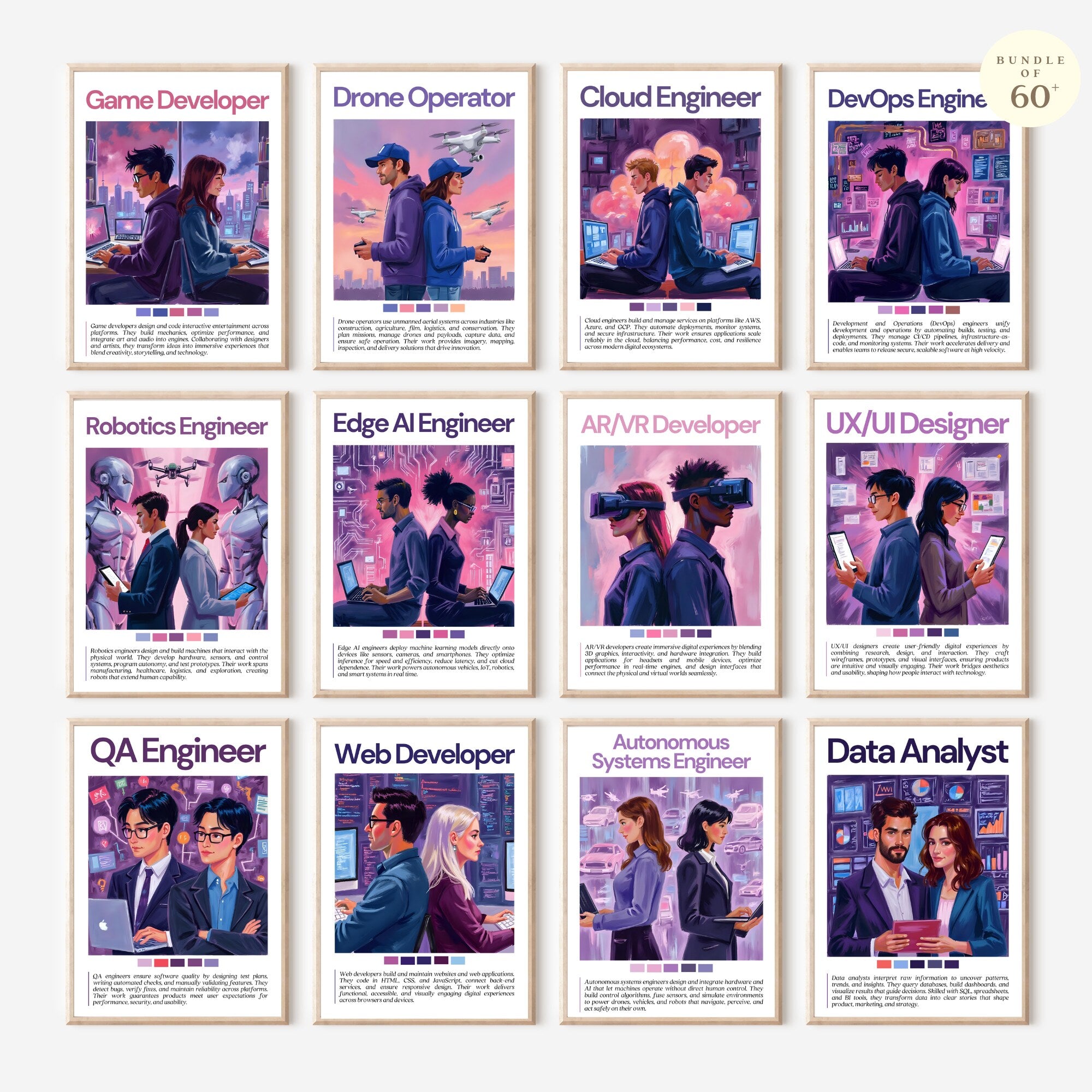 Printable tech careers poster set of 60 for computer science classroom decor, technology bulletin boards, homeschool spaces, and career displays.
