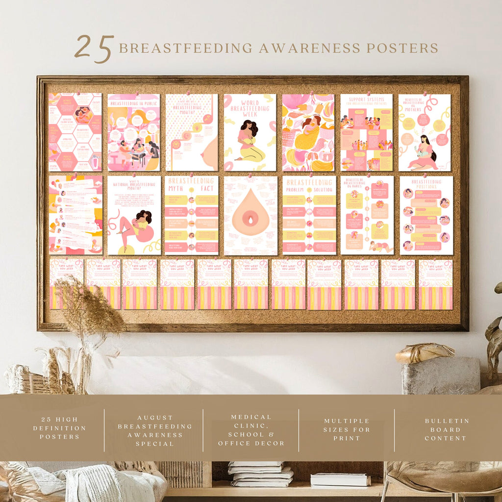 Printable breastfeeding awareness posters set of 25 for clinics, lactation consultants, National Breastfeeding Month, mom support spaces, and displays.
