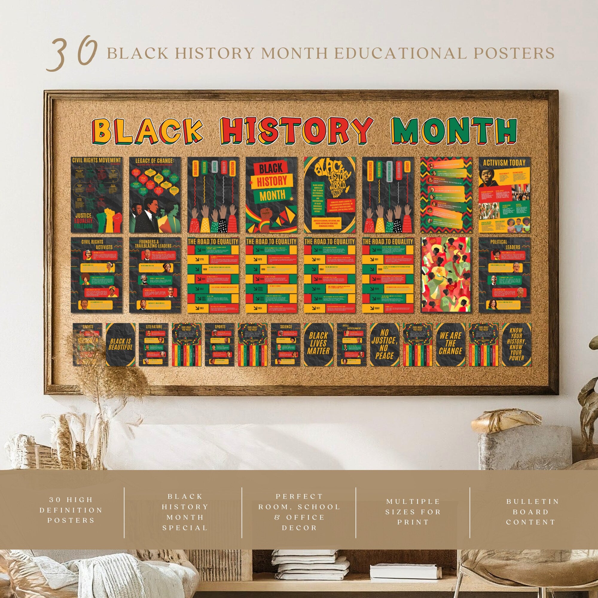 Printable Black History Month poster set of 30 featuring African American and African heritage icons for classroom decor and bulletin boards.
