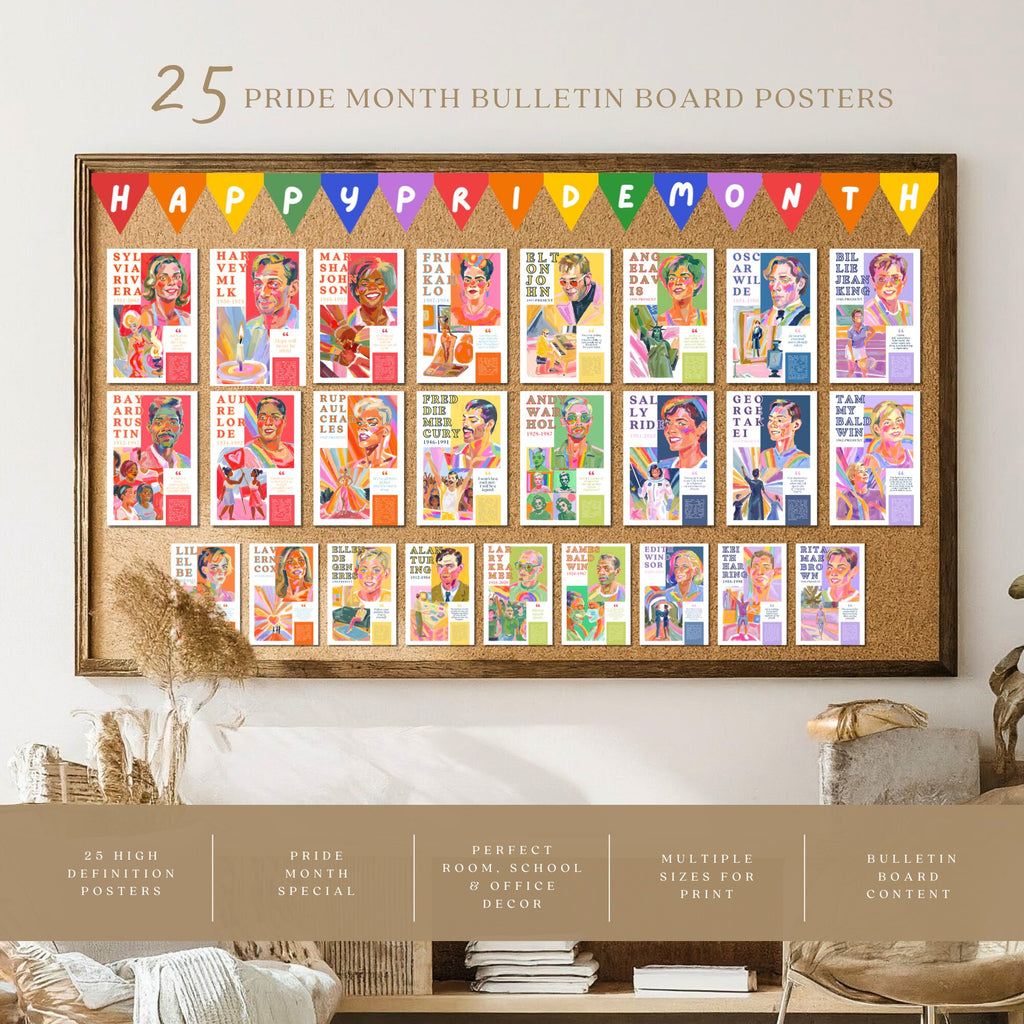 Printable Pride Month poster set of 25 featuring LGBT icons, LGBTQIA+ history, queer quotes, SOGIE displays, and rainbow minimalist decor.