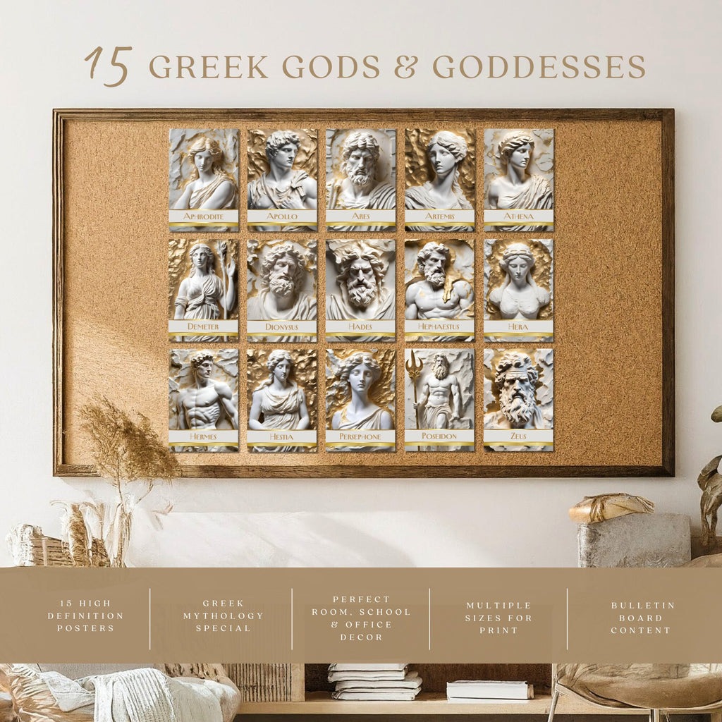 Printable Greek gods and goddesses poster set of 15 for mythology wall art, classroom decor, bulletin boards, homeschool spaces, and educational displays.