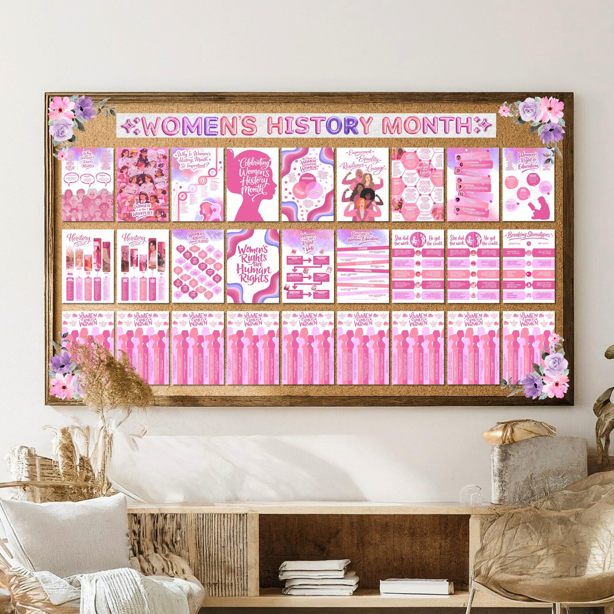 Printable Women’s History Month infographics and educational posters set of 100 for International Women’s Day, March bulletin boards, classroom decor, and displays.