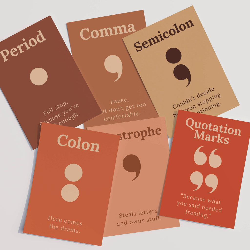 Printable funny punctuation posters set of 40 for English classroom decor, homeschool grammar lessons, flash cards, bulletin boards, and wall displays.