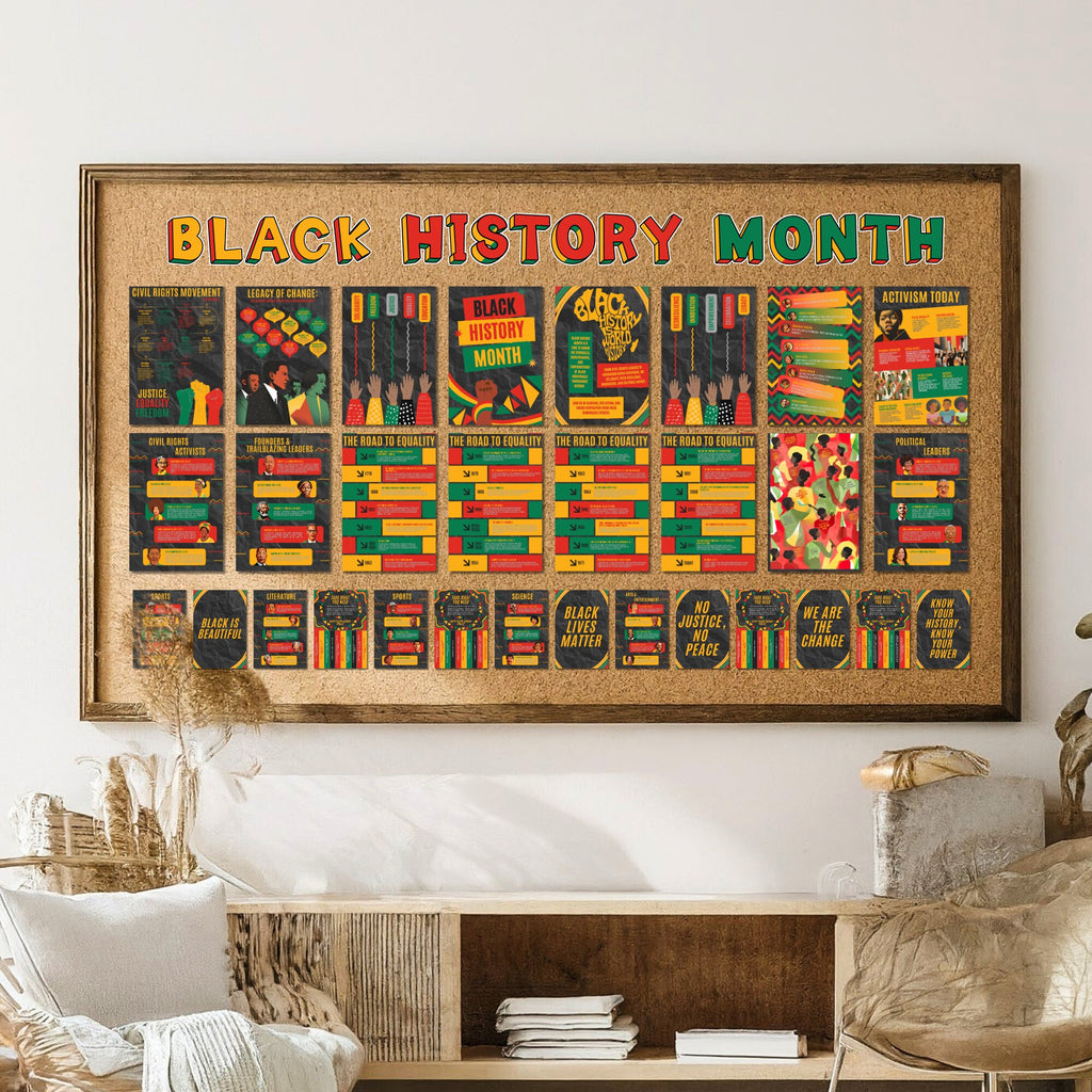 Printable Black History Month poster set of 30 featuring African American and African heritage icons for classroom decor and bulletin boards.