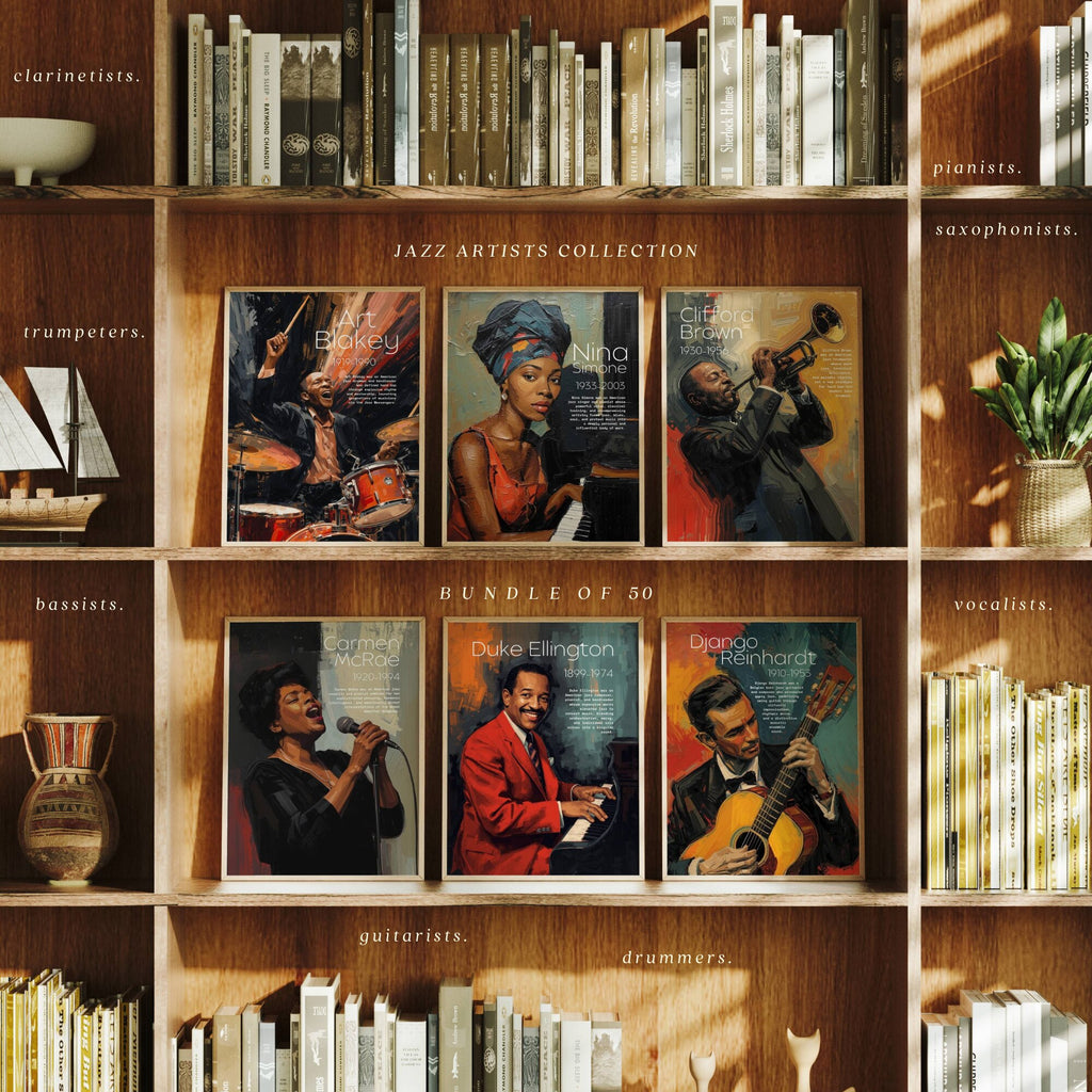 Printable jazz artists poster set of 50 for music classroom decor, music rooms, studio displays, gallery walls, and educational bulletin boards.