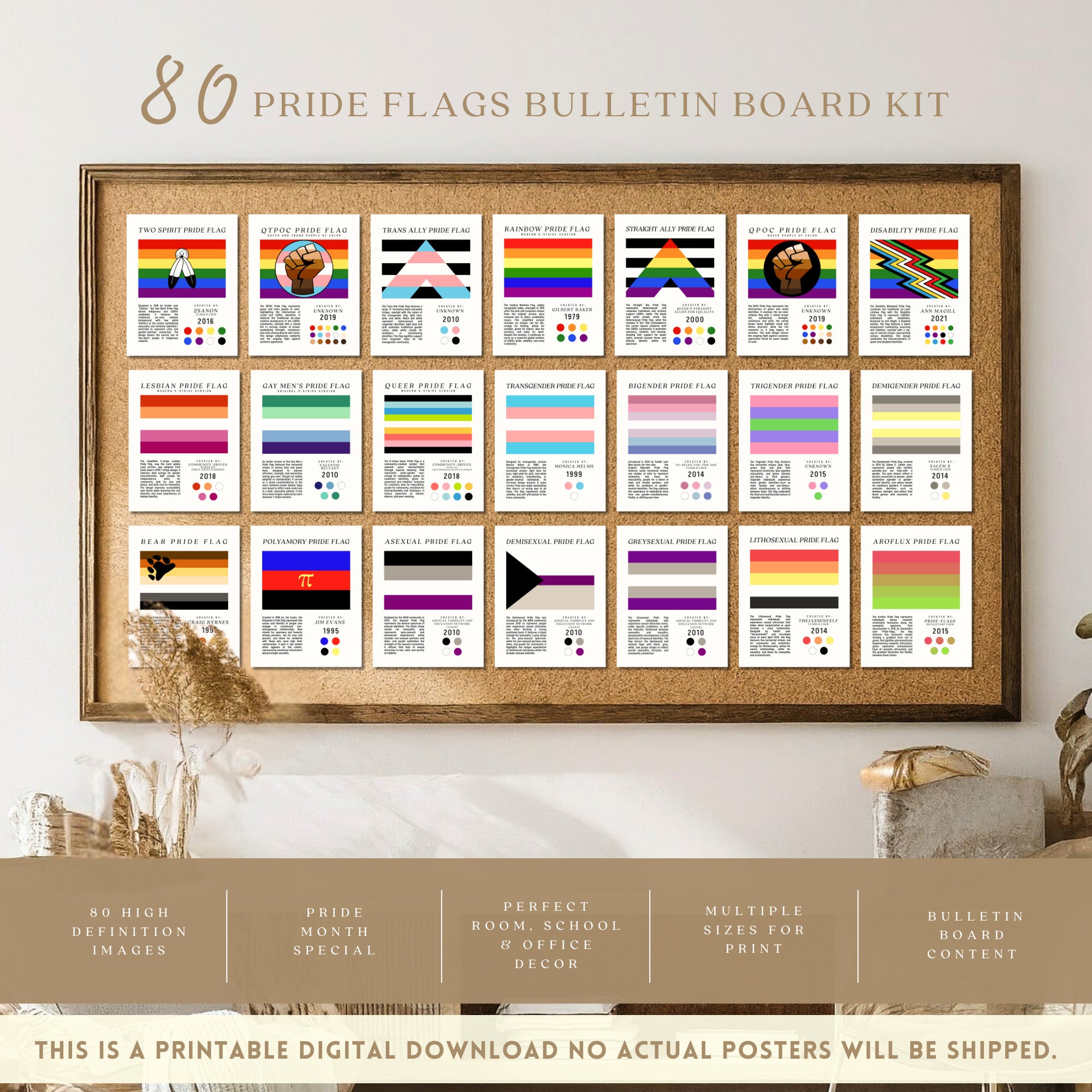 Printable Pride Flags poster set of 80 for Pride Month classroom decor, LGBTQ history displays, June bulletin boards, and inclusive spaces.