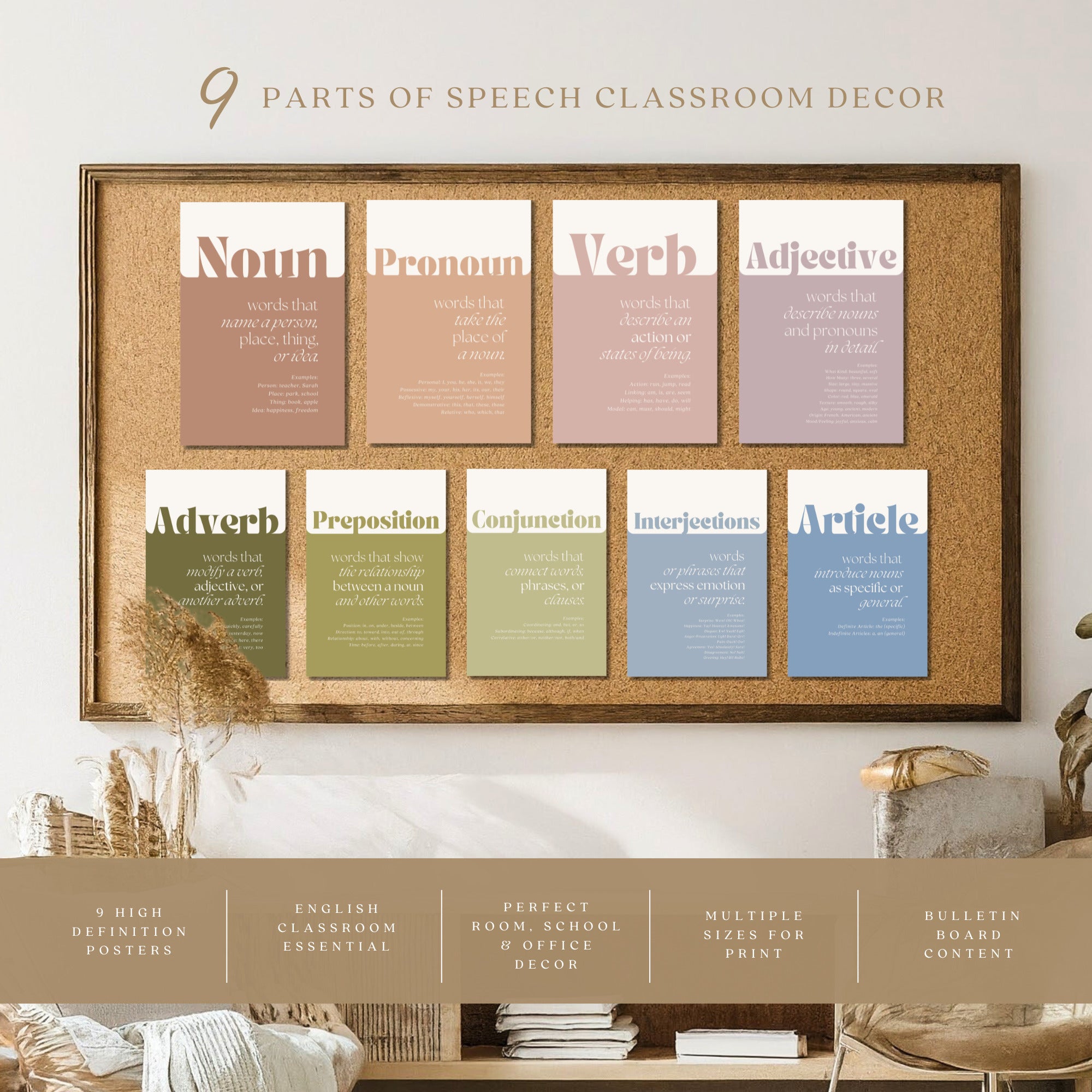 Printable parts of speech poster set of 9 for English grammar lessons, ELA classrooms, homeschool spaces, bulletin boards, and wall displays.