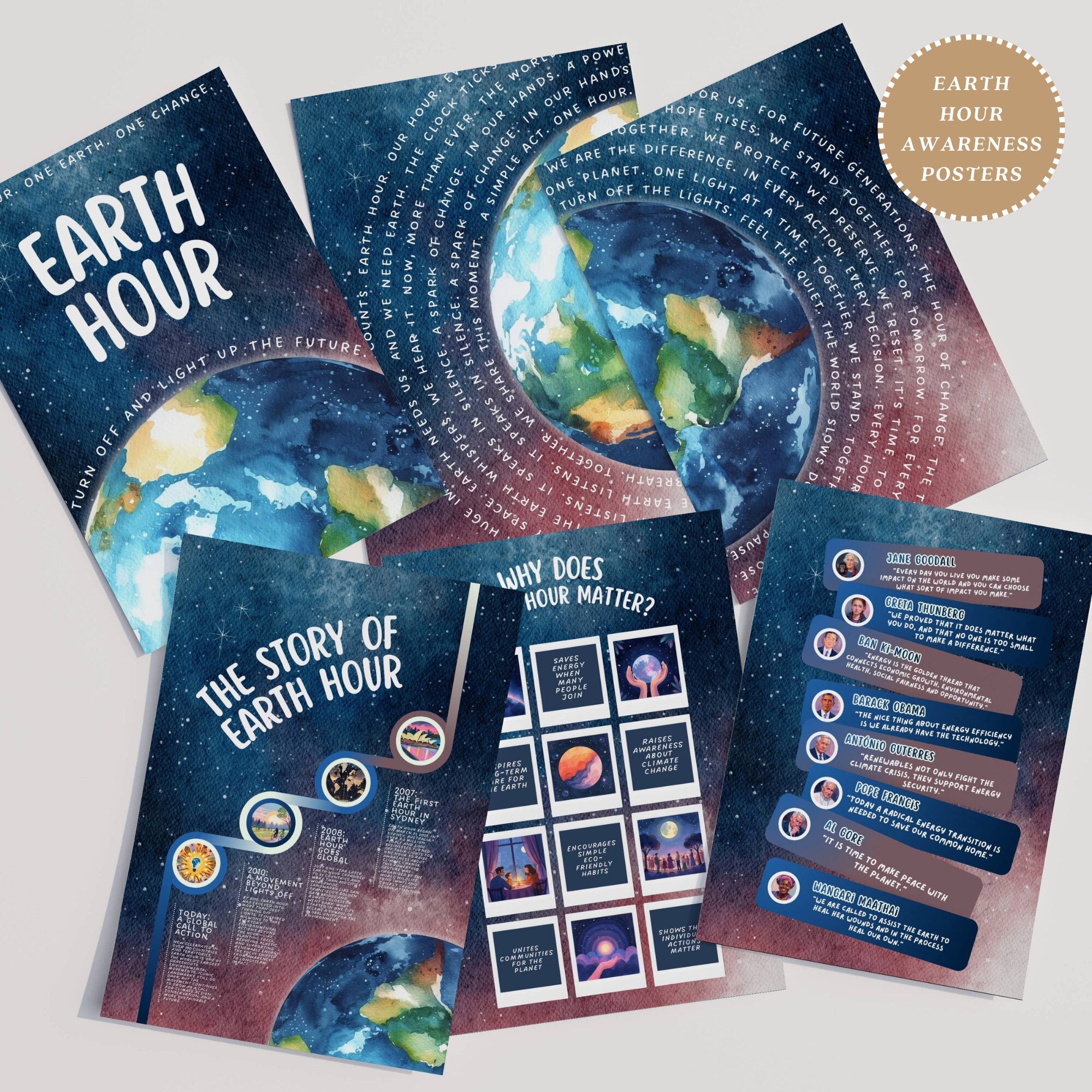 Printable Earth Hour poster set of 30 for climate change awareness, March bulletin boards, classroom decor, sustainability lessons, and displays.