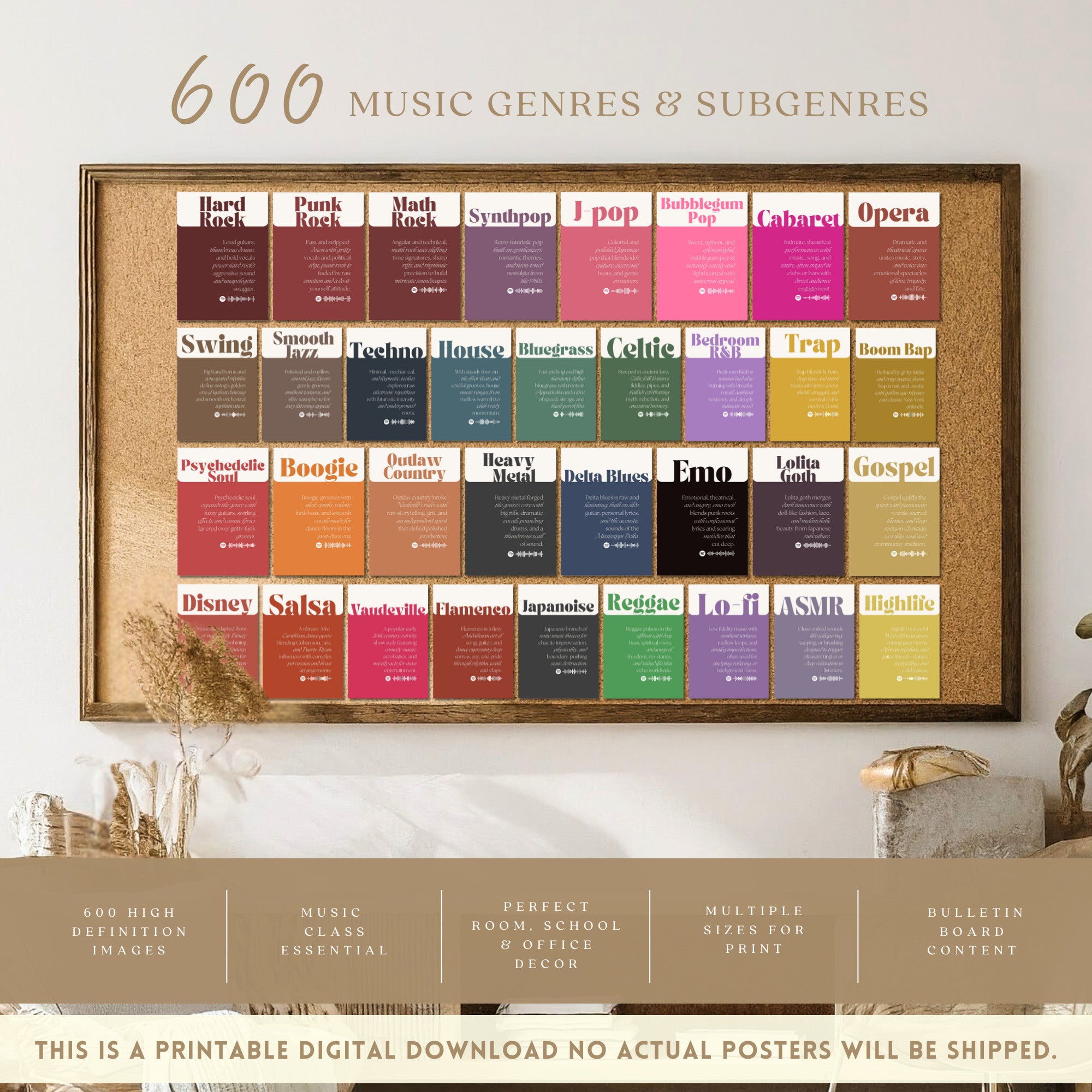Printable music genres mega bundle with 600 posters for music classroom decor, studio displays, gallery walls, and educational bulletin boards.