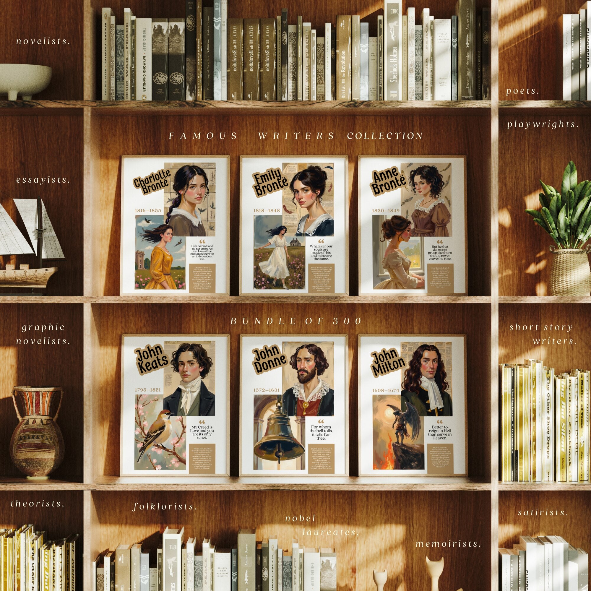 Printable famous writers poster mega bundle with 300 author quote prints for English classroom decor, libraries, ELA displays, and book walls.