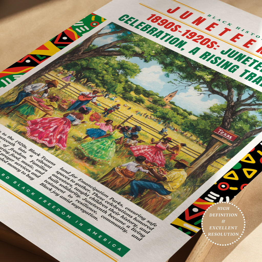 Printable Juneteenth poster set of 35 featuring history, timeline, freedom art, June bulletin board decor, and classroom display pieces.
