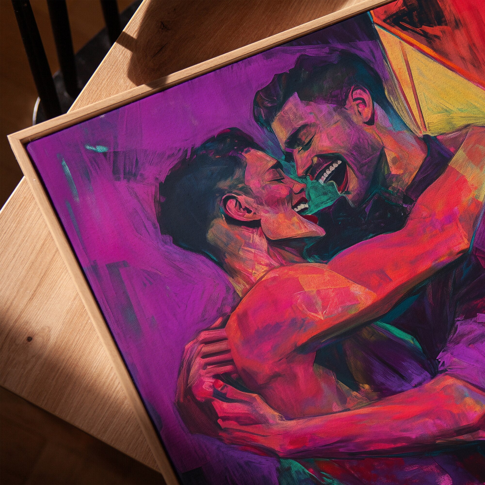 Printable gay couple wall art in a queer eclectic neon style for Pride Month decor, LGBTQIA+ spaces, gallery walls, and inclusive home decor.